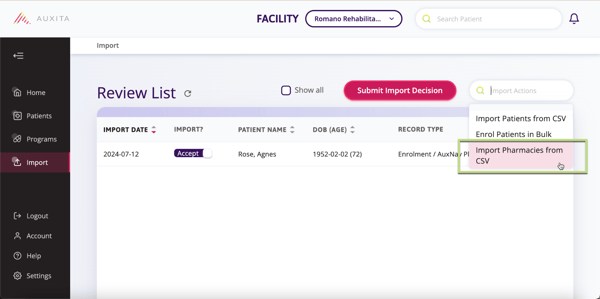 Import Pharmacies from CSV is noted in this screenshot
