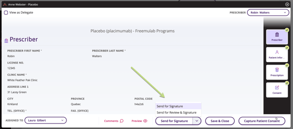 Enrolment page with options to select Send for Signature or Send for Review & Signature.