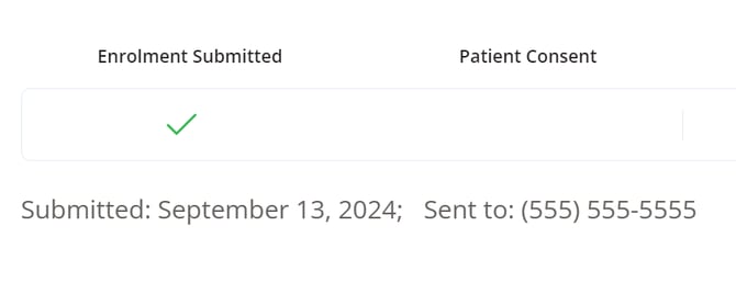 The patient enrolment card with a green checkmark box indicates if the enrolment was submitted. Underneath displays the submitted date and fax number it was sent to.