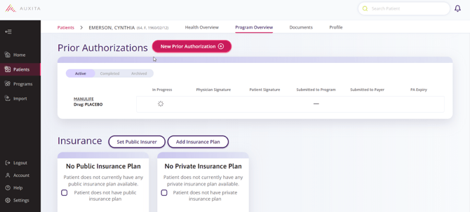 Screenshot displays the Program overview tab from the Patients section where a new prior authorization from can be added.