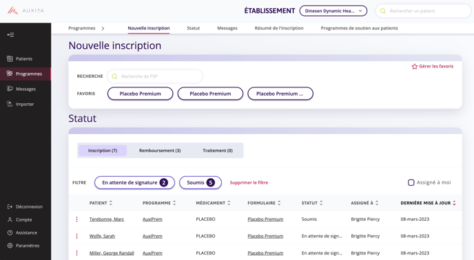 Colonne Patients de la page des programmes qui affiche tous les patients 