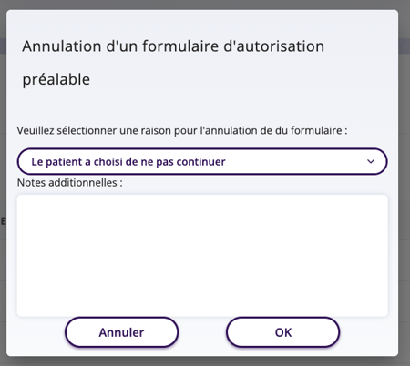 Annulation d'un formulaire d'autorisation préalable.