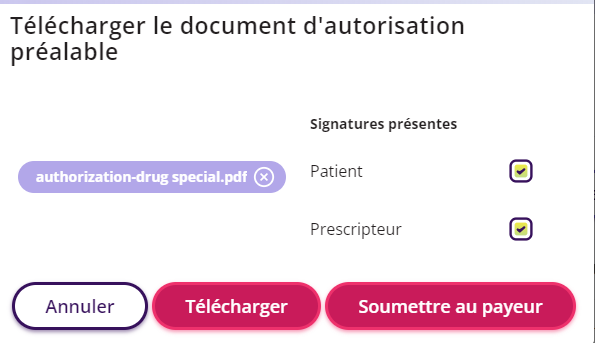 La fenêtre de téléchargement s'affiche avec la possibilité de télécharger un fichier, d'indiquer que le patient et/ou le prescripteur ont signé, et de télécharger ou de soumettre au payeur.