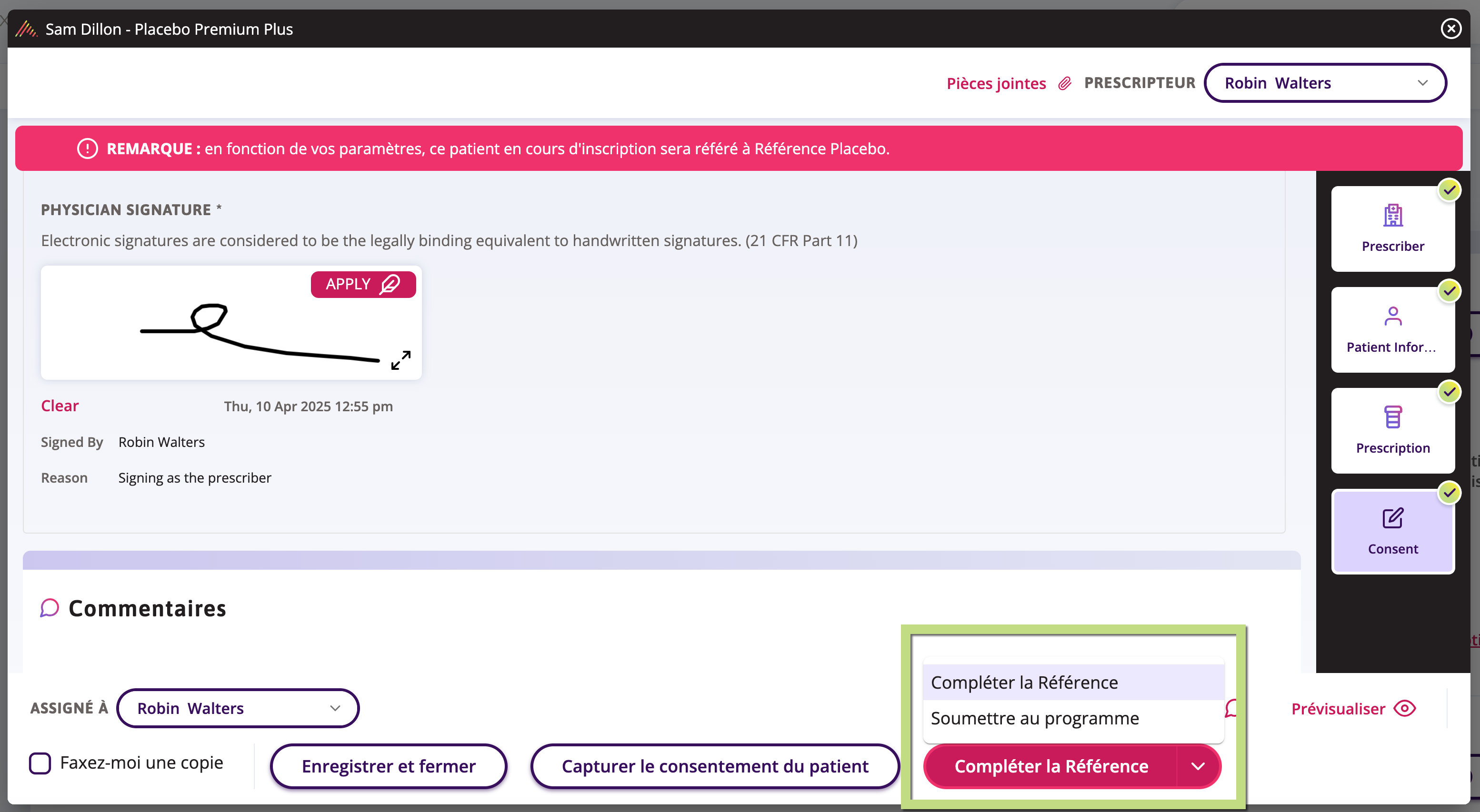 Un formulaire d'inscription affichant une note indiquant « D'après vos paramètres, ce patient sera orienté vers le Placebo », ainsi que des boutons d'action offrant les options Compléter l'orientation et Soumettre au programme.