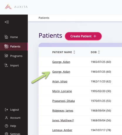 A screenshot showing where to select a patient from the patient list.
