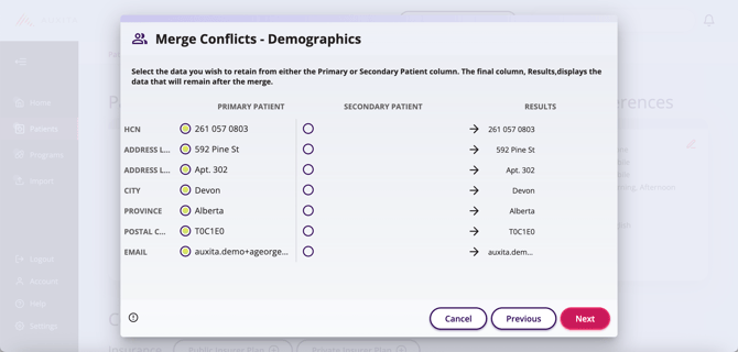 The image displays the demographics of the 2 patients prior to merging.