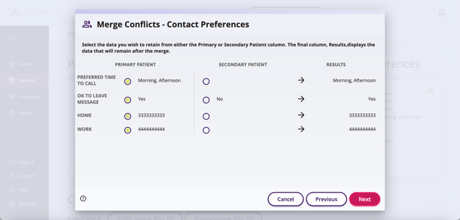 This image displays merge conflicts to confirm before proceeding with merging patients.