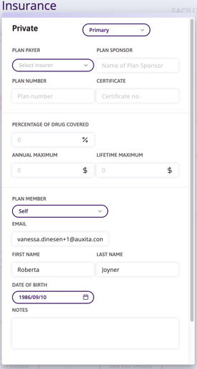 A screenshot of an insurance form labeled "Private" with fields for selecting insurer, plan details, and personal information like email and birth date.