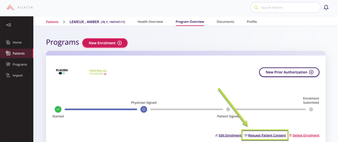 Screenshot showing where to click to request patient consent on a current registration form.