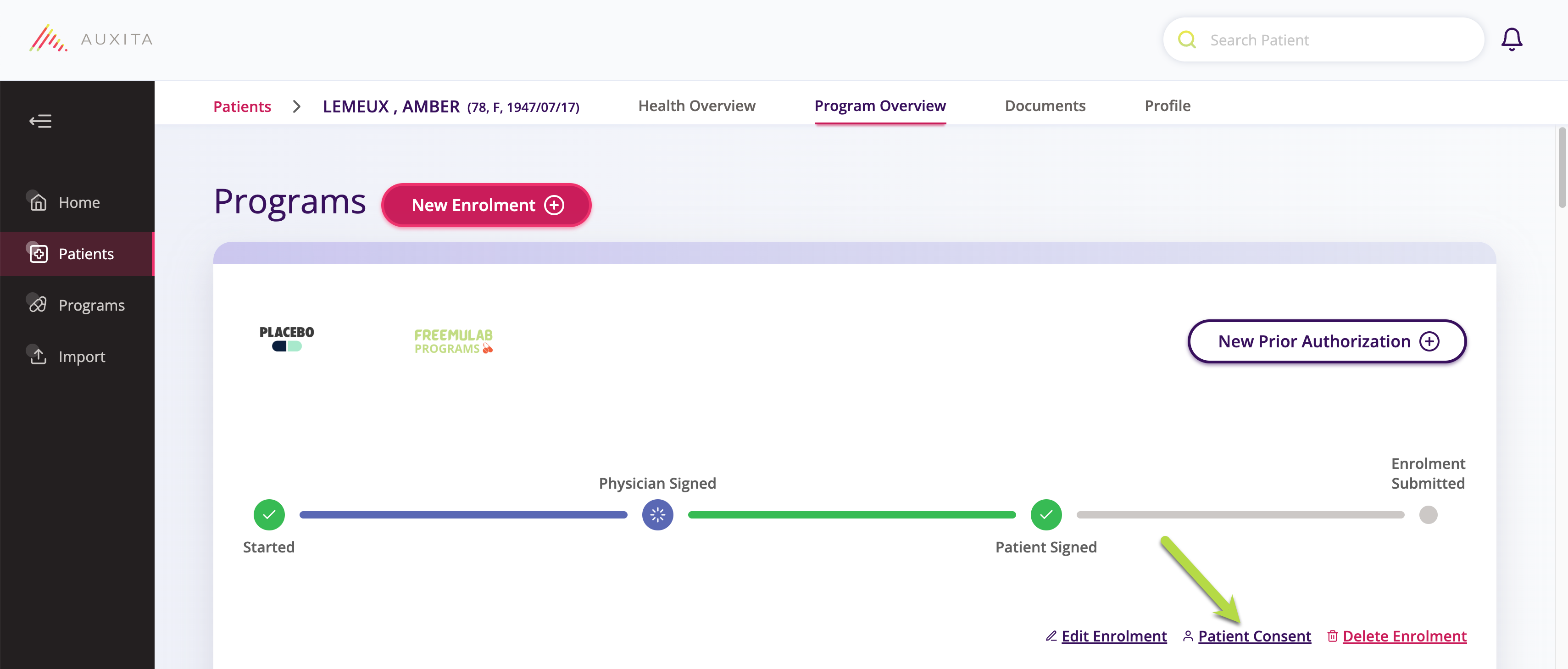 A screenshot showing the patients page "program overview" tab where the patient consent button is shown