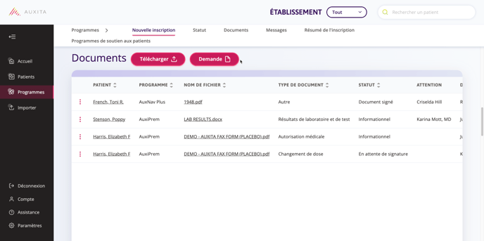 Fenêtre "Patients" - Section "Documents" où vous pouvez télécharger ou demander des documents.