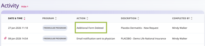 Action showing Additional Form Deleted