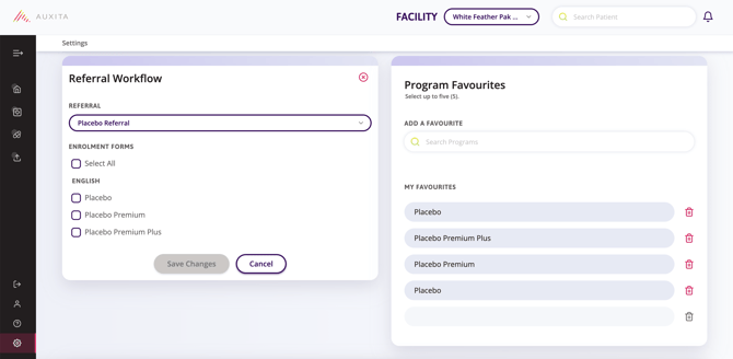 HCP Auxita Settings to configure a Referral Workflow for the Placebo Referral Representative.