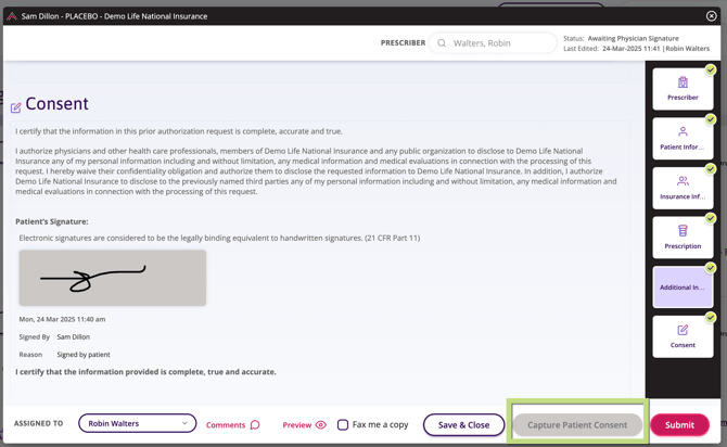 Screenshot of the prior authorization form showing the capture patient consent button being greyed out once the patient consent was captured..