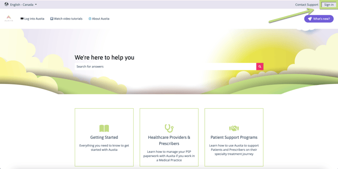 Screenshot of the Auxita help center home page where you sign in your account.