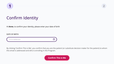 A patient will receive a prompt asking them to confirm their identity by adding their date of birth.