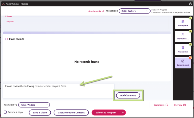 An arrow indicating where to click to submit the comments.