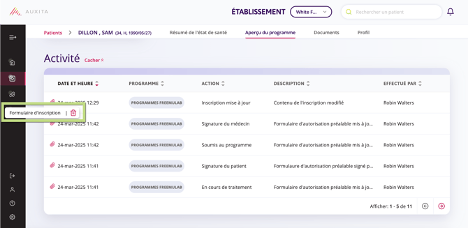 Après avoir sélectionné le bouton d'inscription, une option s'affiche pour visualiser le formulaire d'inscription ou le supprimer.