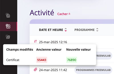 Lorsque l'icône de la flèche est sélectionnée, les modifications apportées s'affichent.