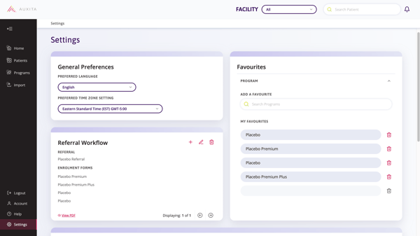 HCP Auxita Settings to configure a Referral Workflow for the Placebo Referral Representative.