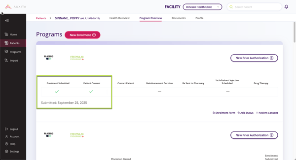 Screenshot highlighting the enrolment progress as well as the patient consent feature in the Patient Treatment Progress bar.