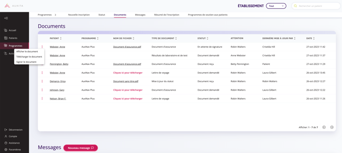 Capture d'écran de la page des programmes affichant les documents.