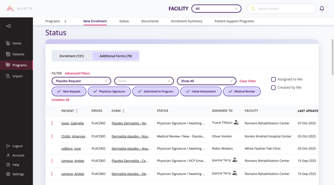 Status table with Form Type Placebo Request chosen, additional filters are shown based on the Stages available for that form