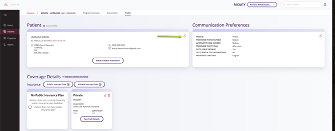 Patient profile showing patient details, communication preferences, and coverage details. Patient section lists name, program ID, contact info, and country. Communication preferences include email, phone, and language. Coverage section shows no public or private insurance plans. Arrow indicating where to click to edit the patients details.
