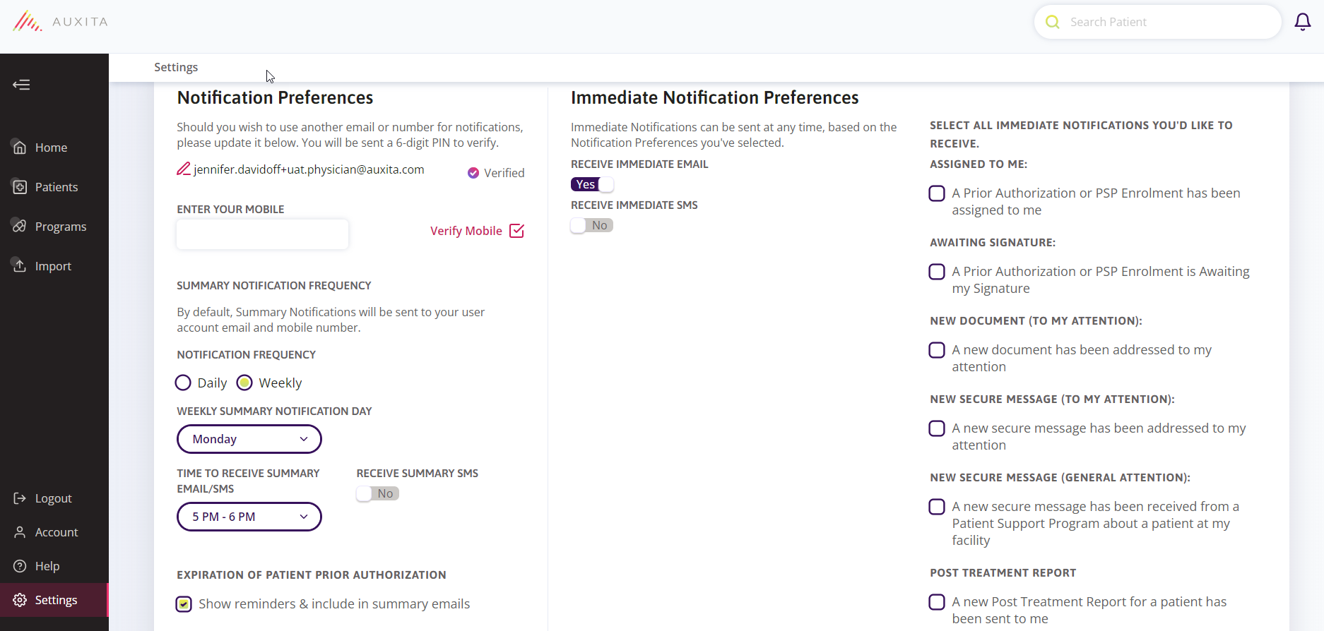 Notification preferences within Auxitas settings.