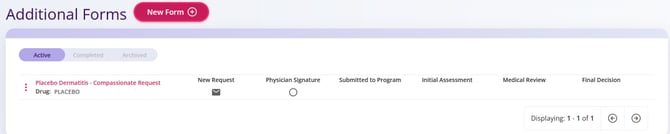 An additional form has been initiated. The New Request Stage is set to Ready for HCP and the Physician Signature stage is Not Started. 