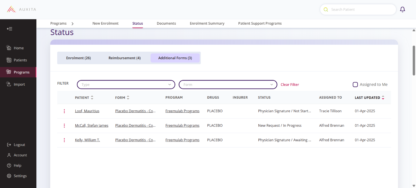 Status table showing patient’s name. 