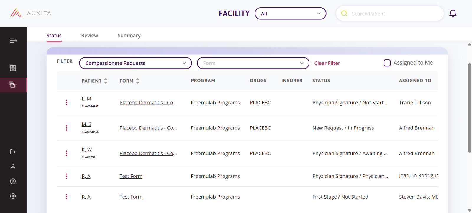 Status table showing patient’s initials and their Program ID. 