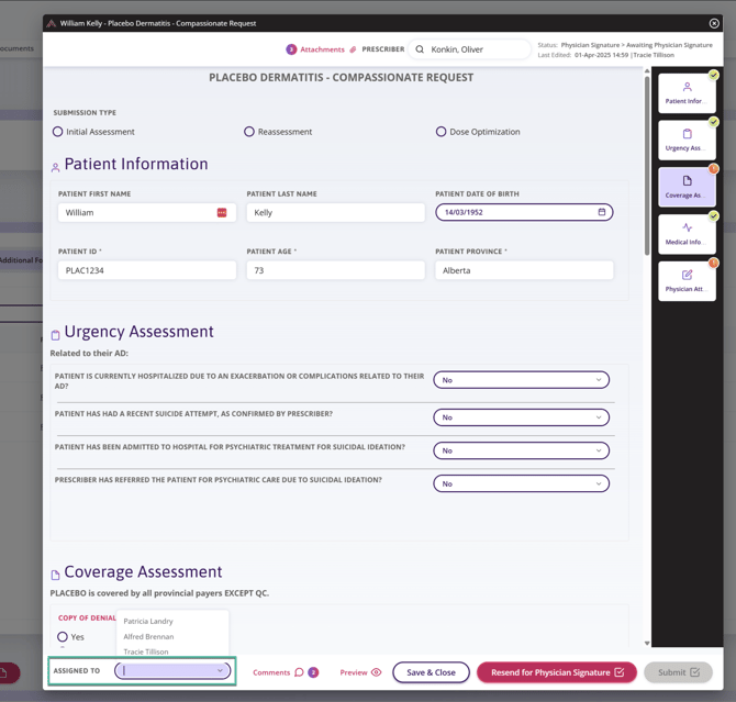 Screenshot of the forms showing the assign to section on the additional form.