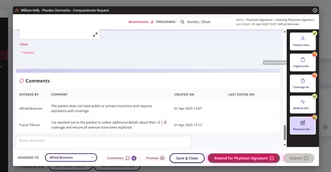 A comment is visible from one user, with a reply from the current user. Next to the current user’s comment is an edit or delete icon. 