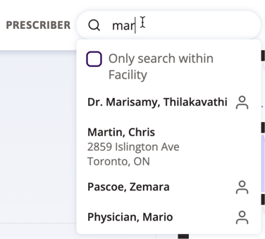 A form is open with the prescriber search selected and “mar” entered with four varying results. The “only search within Facilty” checkbox is not selected. Search results are Dr. Marisamy, Thilakavathi; Martin, Chris; Pascoe, Zemara; Physician, Mario.