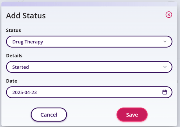 Add Status window to choose Status, Details, Date then click Save.&nbsp;
