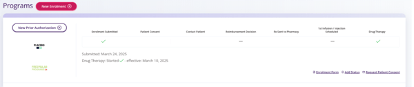 he Patient Progress Status Bar is displayed here with check marks indicating the Enrolment is Submitted eand Drug Therapyhas Started. It also states the Drug Therapy Started effective date.