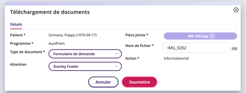 La fenêtre de téléchargement de documents où vous pouvez remplir les détails concernant le document et rechercher le fichier sur votre ordinateur.
