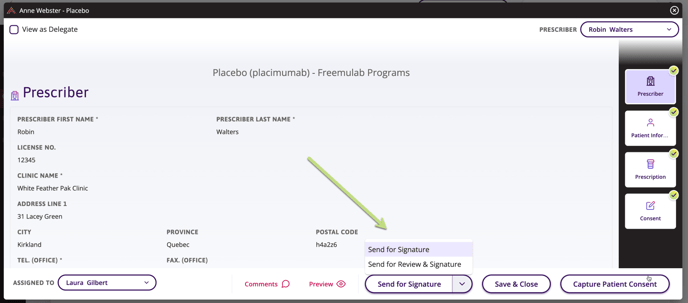 Enrolment page with options to select Send for Signature or Send for Review & Signature.