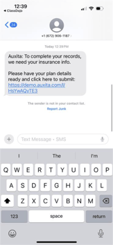 A text received when a patients insurance request is sent to their number on file