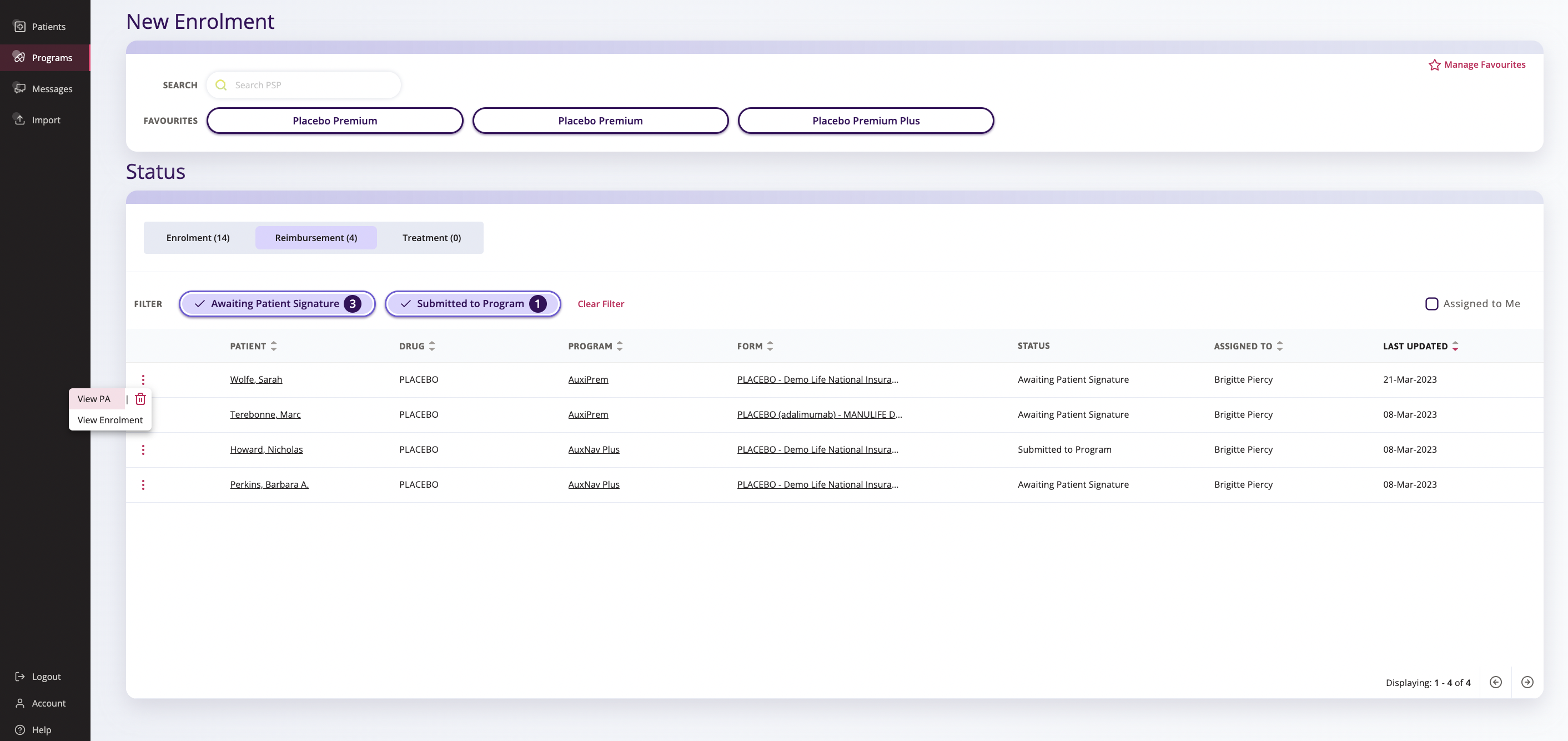 Enrolment From Programs screen