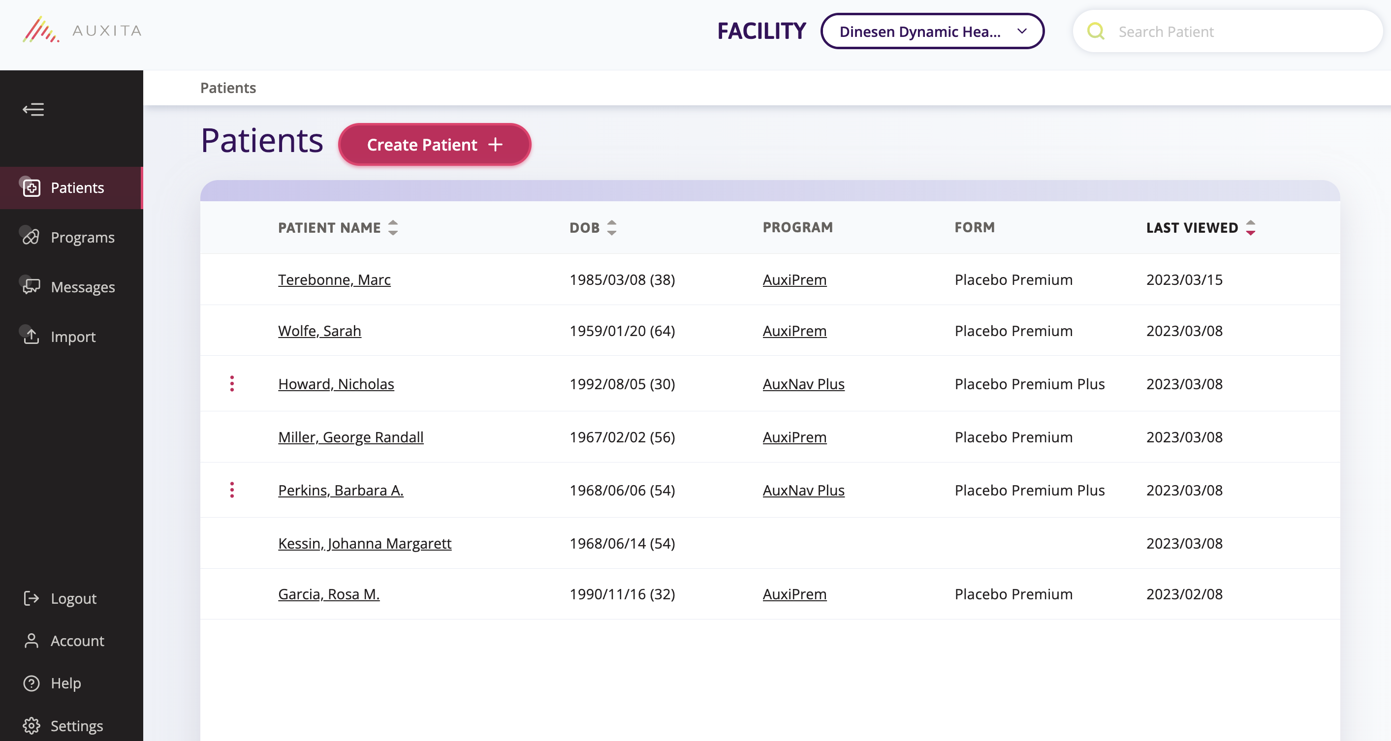 Patients page column that shows all patients 