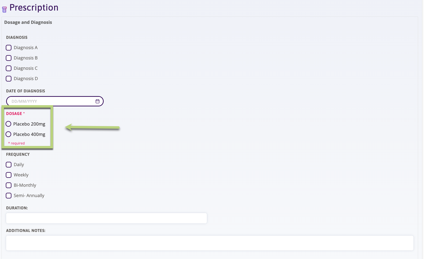 A screen shot pointing out the section of required fields to fill in.