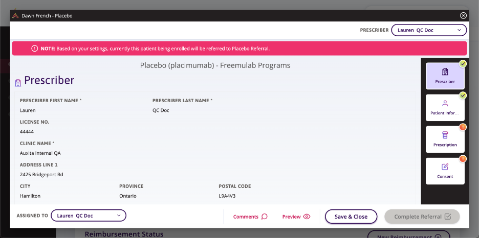 An enrolment form for Freemulab Programs with a note indicating “based on your settings, currently this patient being enrolled will be referred to Placebo Referral”