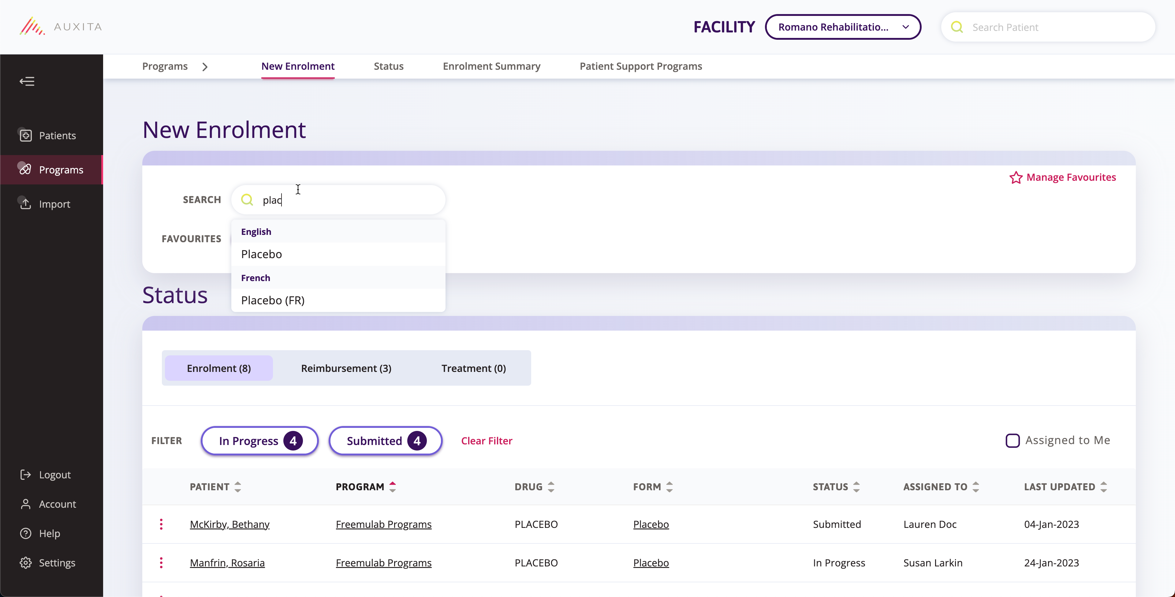 Searching for the placebo enrolment form from the Program Overview section of a patient’s profile.