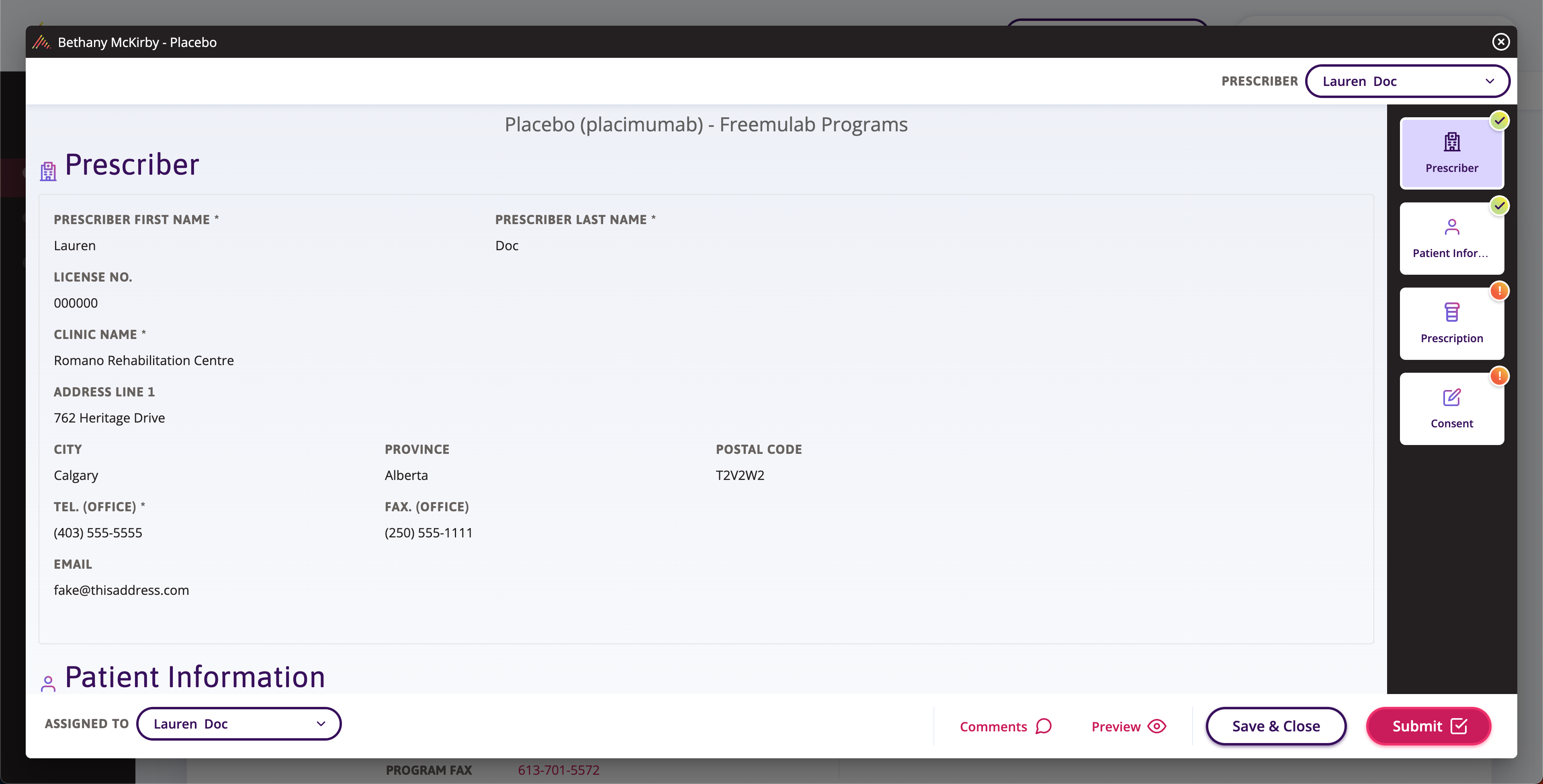 Searching for the placebo enrolment form from the Program Overview section of a patient’s profile.