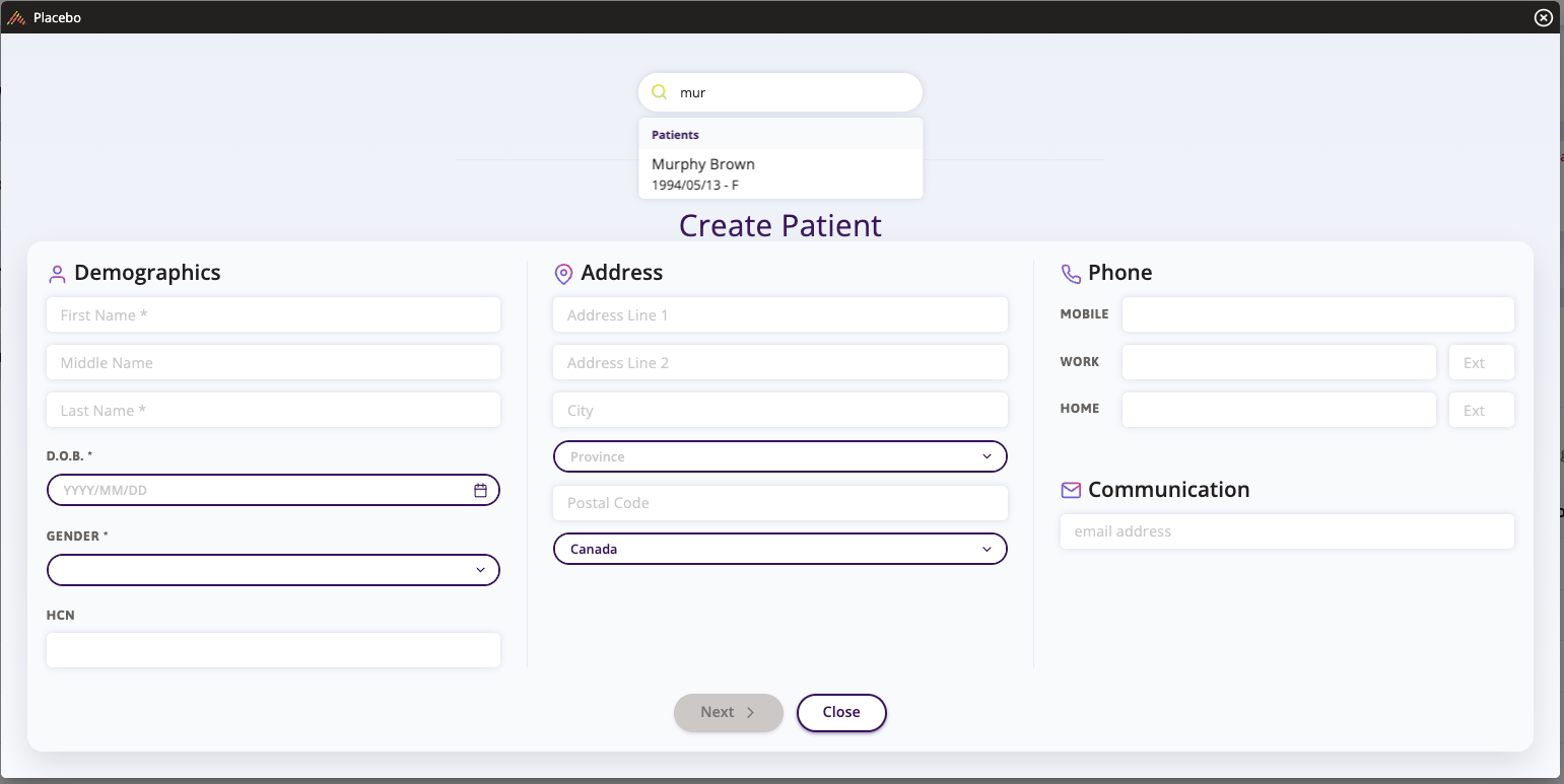 Prompt to search or create patient after initiating an enrolment form.