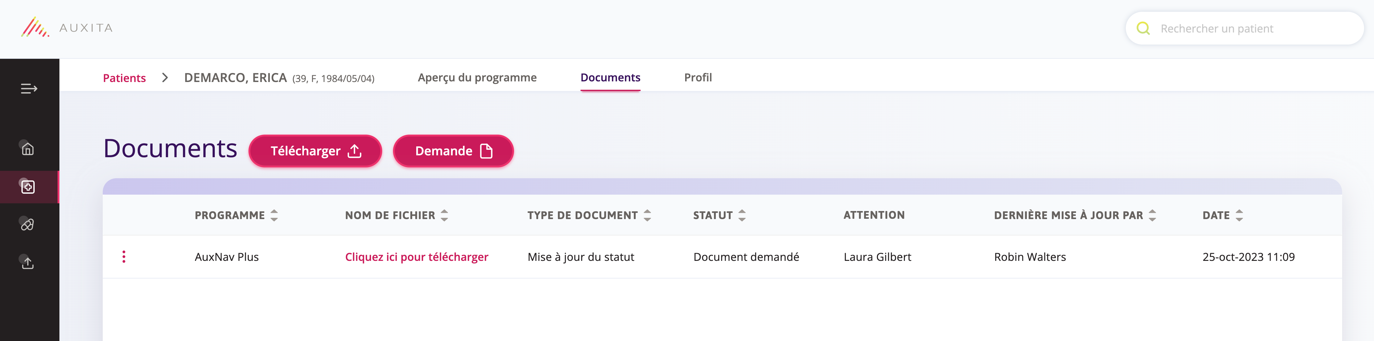 Capture d'écran qui vous amène à la page des documents vous donnant l'option de demande ou téléchargement de documents