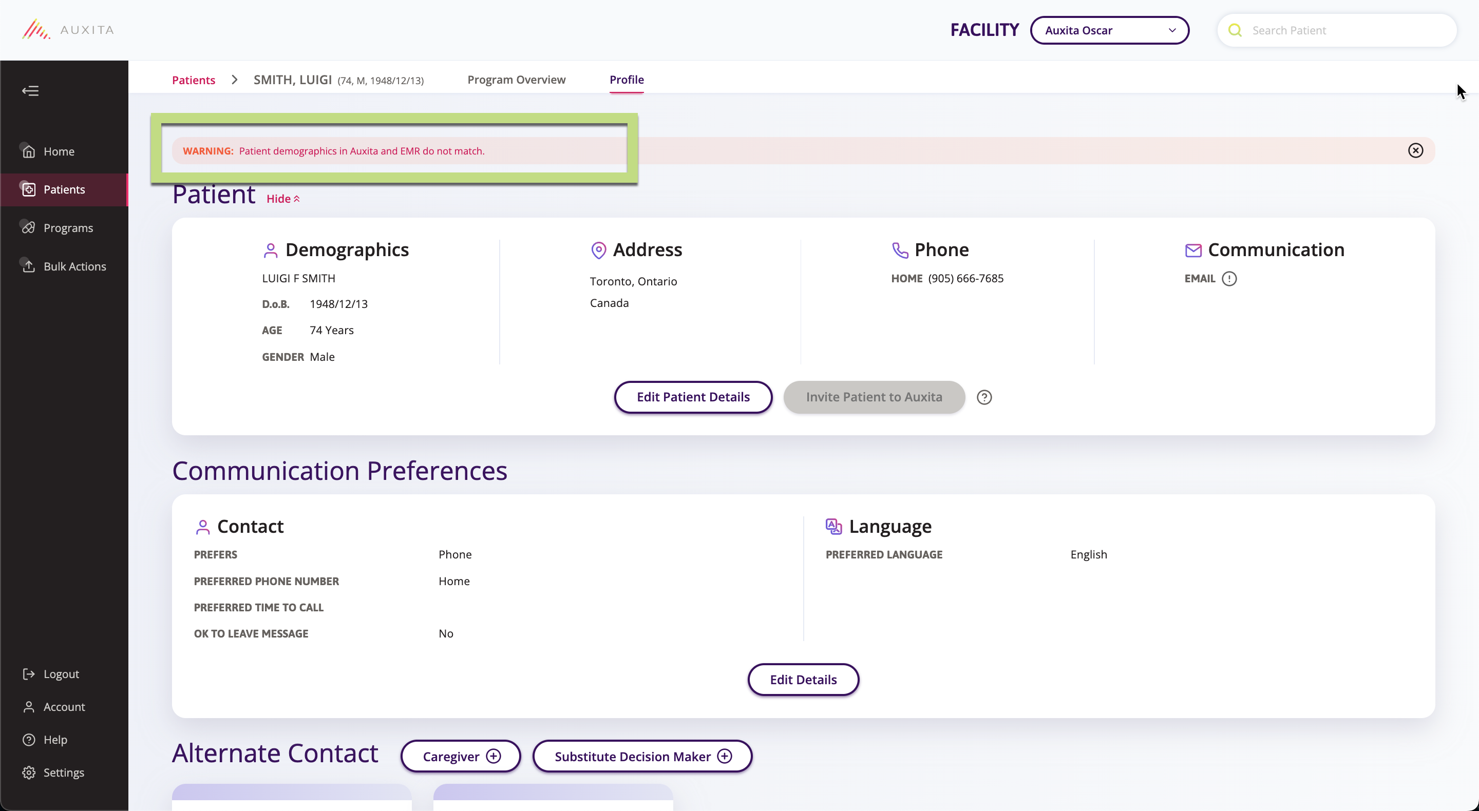 A screenshot depicting the warning shown when a patients demographics are changed in Auxita and how they will not match within their EMR.