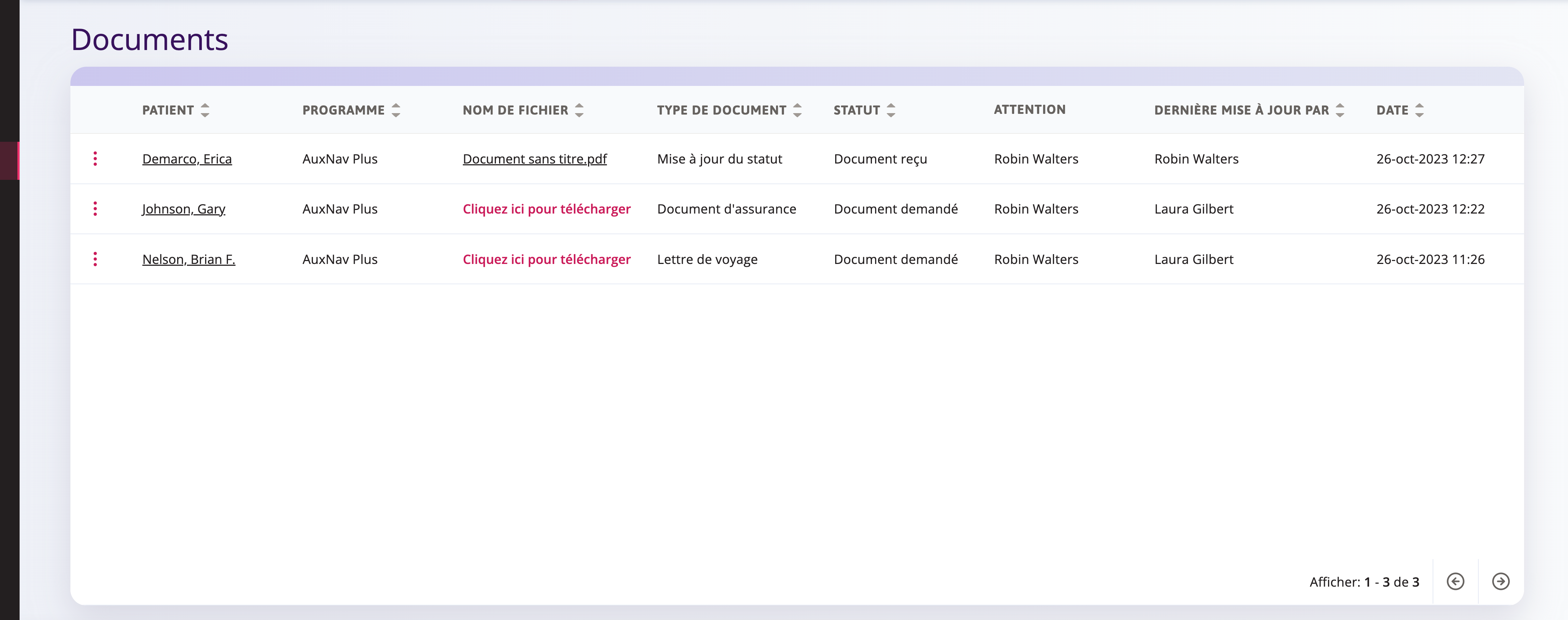 Dans le tableau des documents de la section Patients ou Programmes, cliquez sur les ellipses à gauche pour voir la demande ou cliquez à droite sur Cliquez ici pour télécharger. 